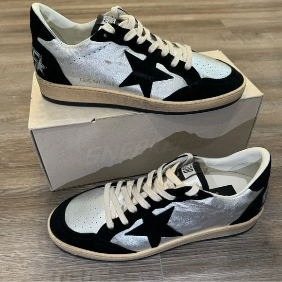 Golden Goose Ball Star Laminated Upper Toe Box Suede Silver Black Sneakers